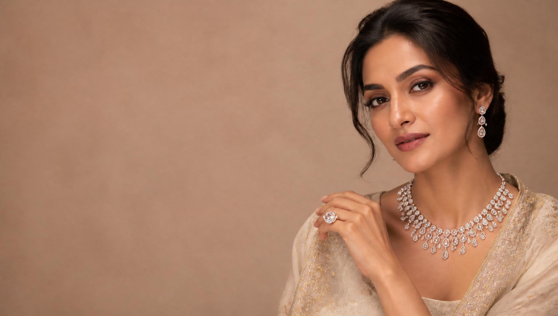 Elegant Indian model wearing diamond necklace and ring by Heart of Gold